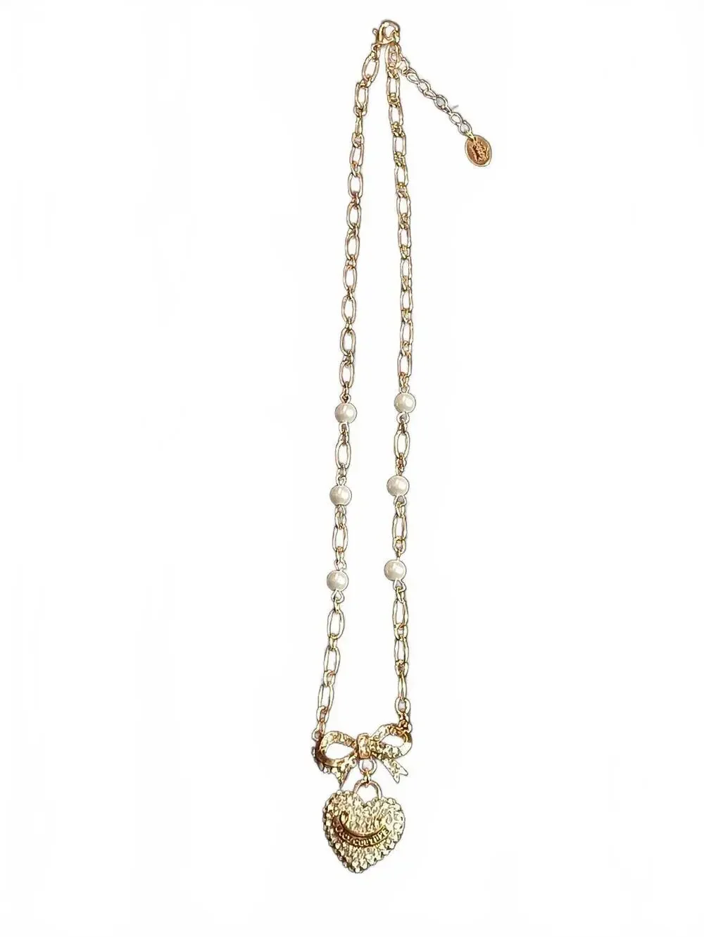 Juicy Couture Bow Heart Pearl Rhinestone Gold Tone Necklace Y2K McBling